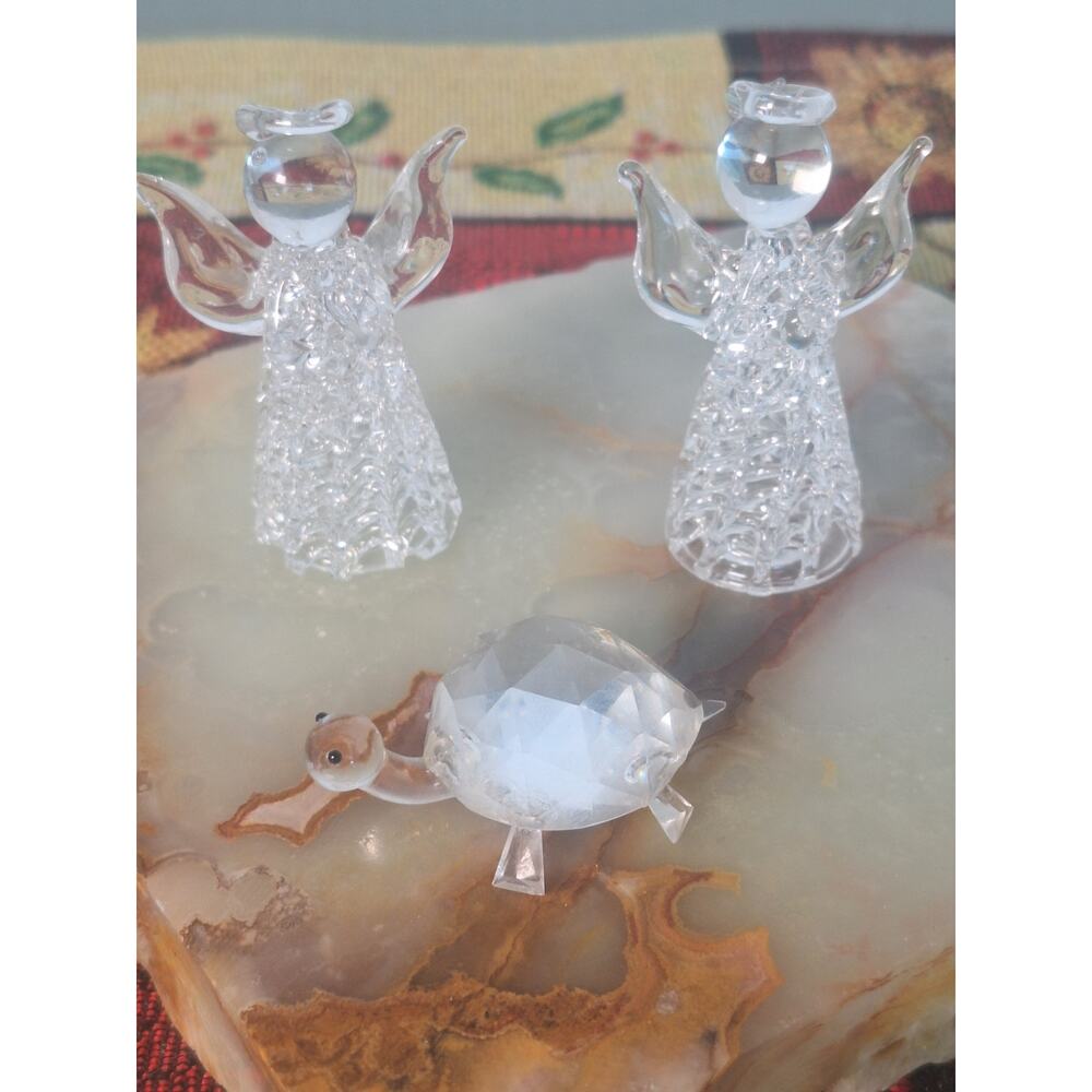 Vintage Spun Glass Angel Figurines & ©ZOO Crystal Turtle Glass Lot